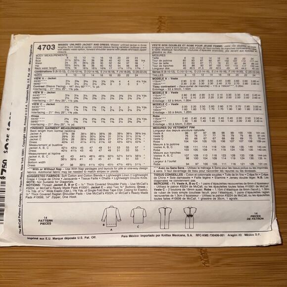 Vintage 1990 McCall's Womens pattern 4703  Size 146-20 uncut - Picture 3 of 5